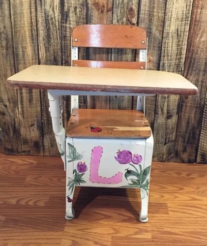 Antique Vintage Children's Kid's Small School Desk Wood and Metal Chair Painted