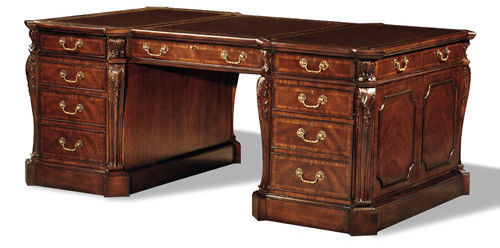 Crotch Mahogany Partners Desk with Antique Brown Leather Top