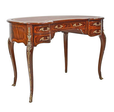 Custom French Louis XV Rococo Mahogany + Satinwood Bureau Plat Writing Desk NEW