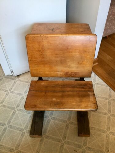 Antique C1016 Child's School Wood Desk/Drawer & Black Cast Iron Fold Up Chair.