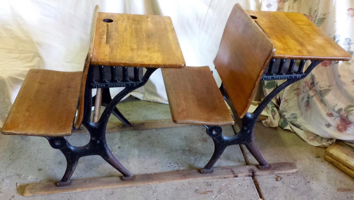 Antique Sears Roebuck & Co. Wood Student School attached 2 Desks/2 Seats