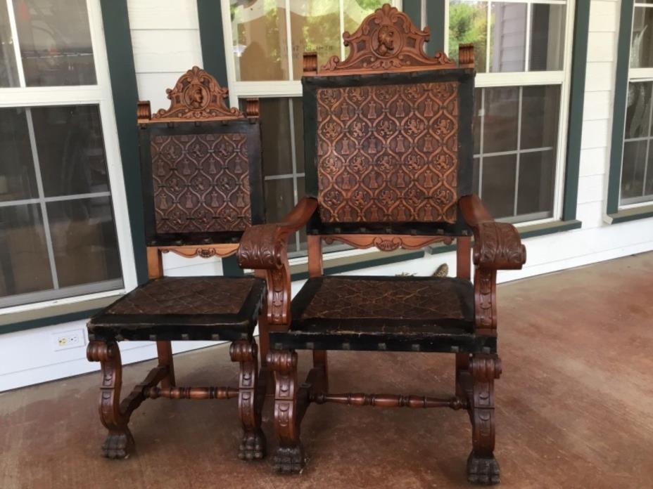 CIRCA 1880’S GORGEOUS CUSTOM MADE HAND CARVED DINING TABLE & 6 TOOLED LEATHER CH