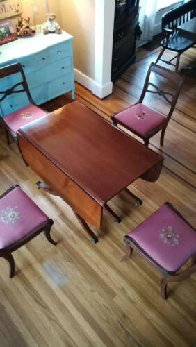 Duncan Phyfe Style Drop Leaf Table by Craddock w/ 4 floral needlepoint chairs