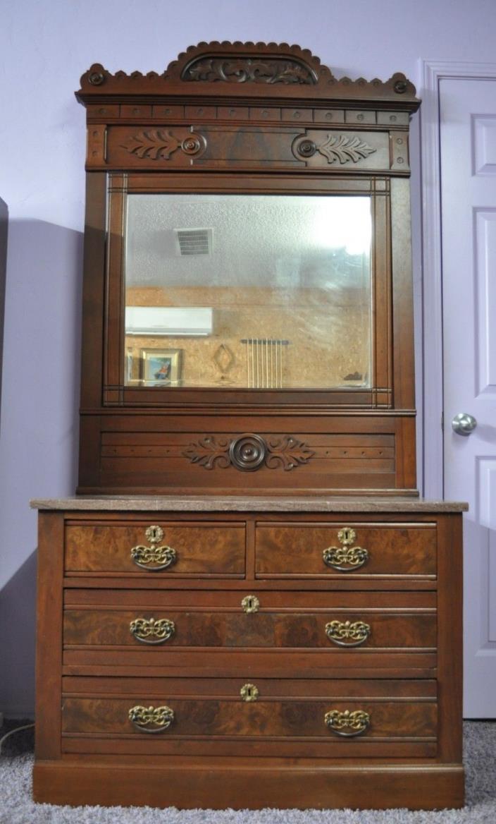 Victorian Eastlake Walnut Marble Top Dresser w/ beveled Mirror