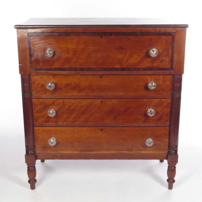 Antique chest of drawers dresser cherry maple wood inlay glass pulls 19th c