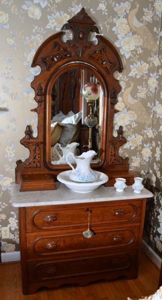Antique Rennaisance Revival 3-Drawer Marble Top Walnut Dresser & Vanity Mirror