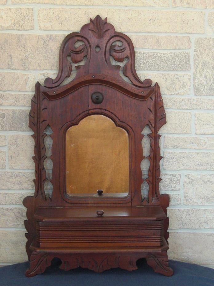 Antique Wooden Victorian Style 19th C Vanity Shaving Mirror, Storage Compartment