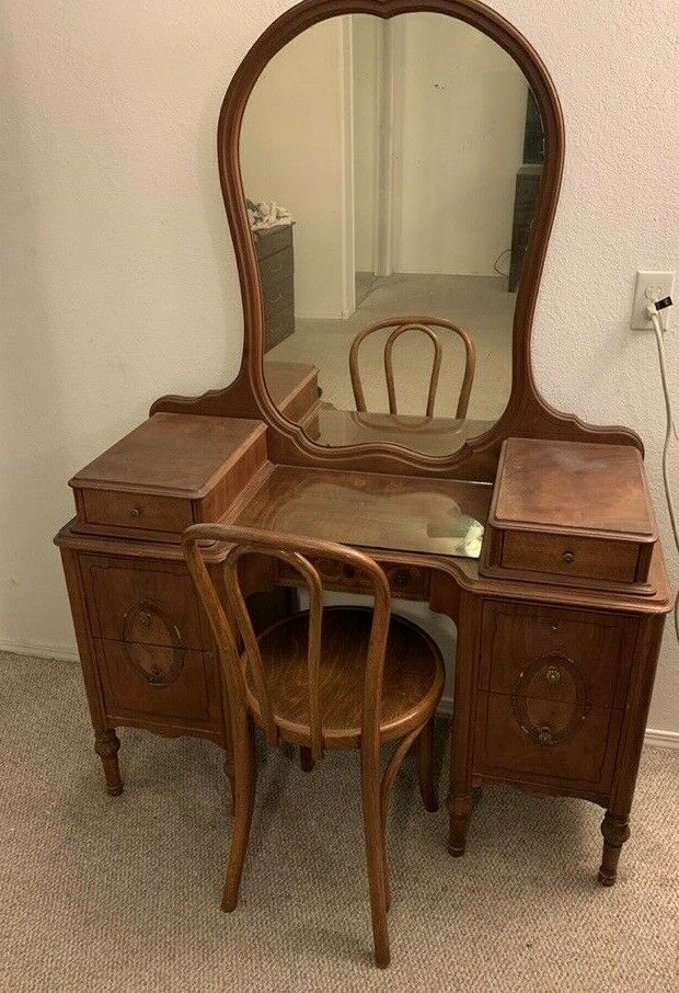 Vintage Antique Vanity with Mirror and Chair