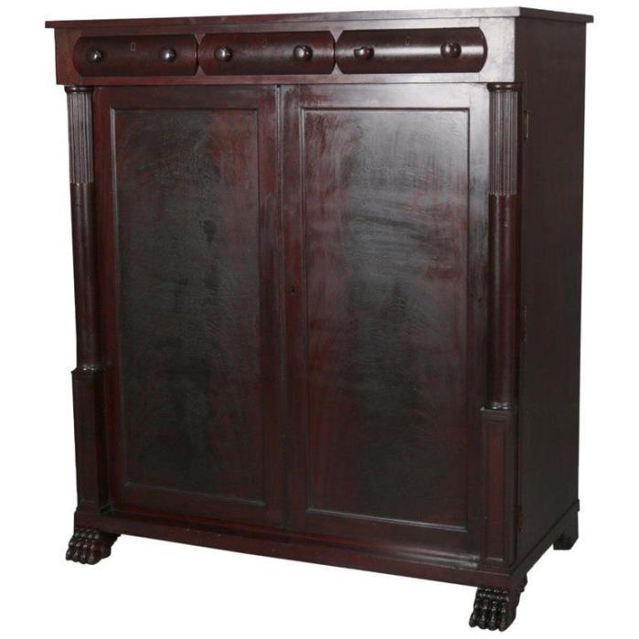Antique American Empire Carved Mahogany Gentleman's Wardrobe, circa 1910