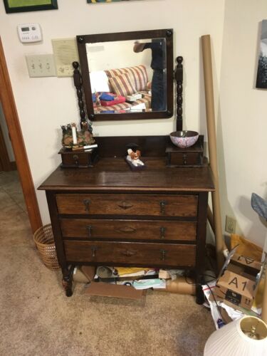 Antique Small Wooden Dresser with Mirror