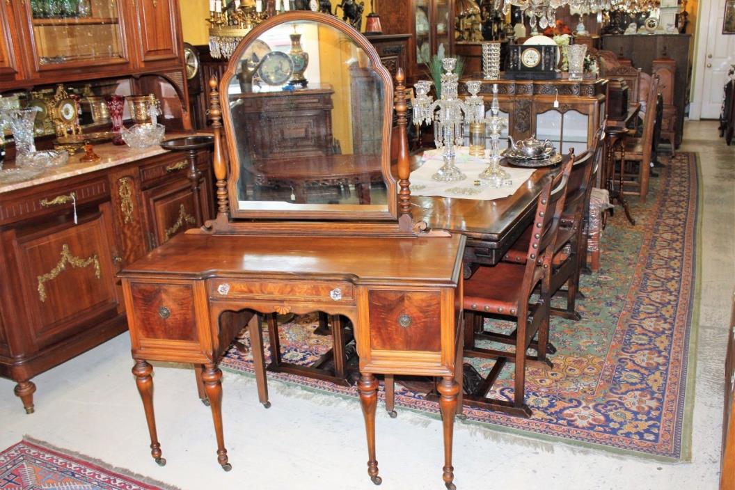 American Antique Burled Walnut Dresser / Vanity with Mirror | Bedroom Furniture