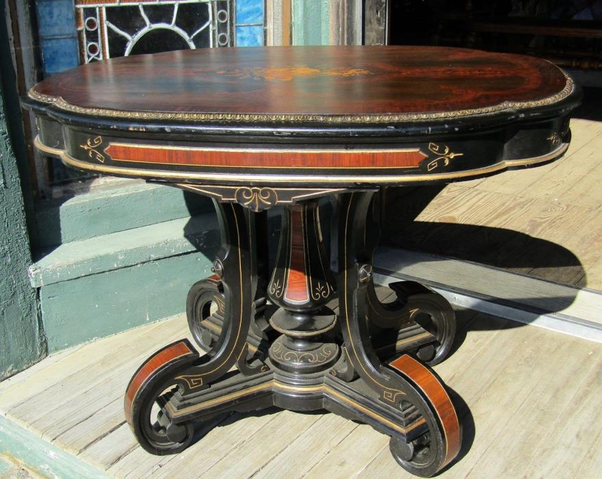 VICTORIAN RENAISSANCE REVIVAL EBONIZED INLAID CENTER TABLE MARCOTTE HERTER era