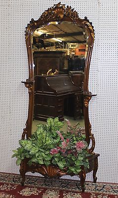Antique French Walnut Louis XV Entry Mirror Flower Holder Beveled Glass C1870
