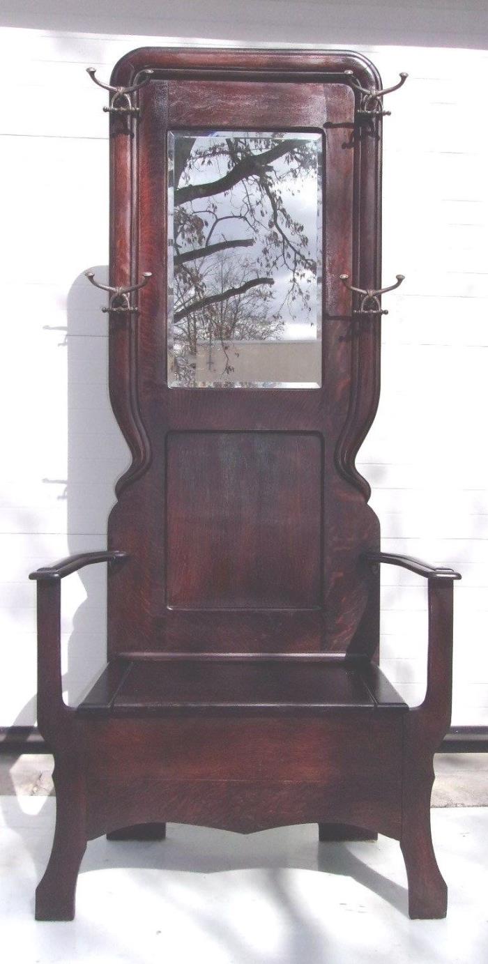 ANTIQUE OAK HALL SEAT ORGINAL OLD FINISH AND HAT HOOKS-SELLING OUT Make Offer
