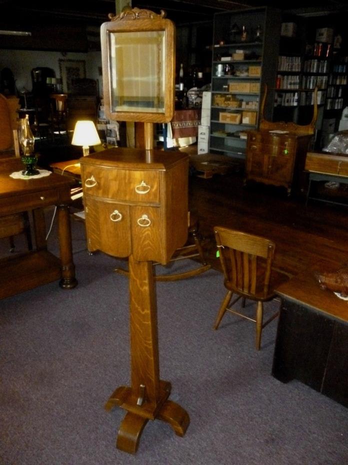 Antique Oak Shaving stand 1904 mens barber shop beveled mirror ornate tiger oak