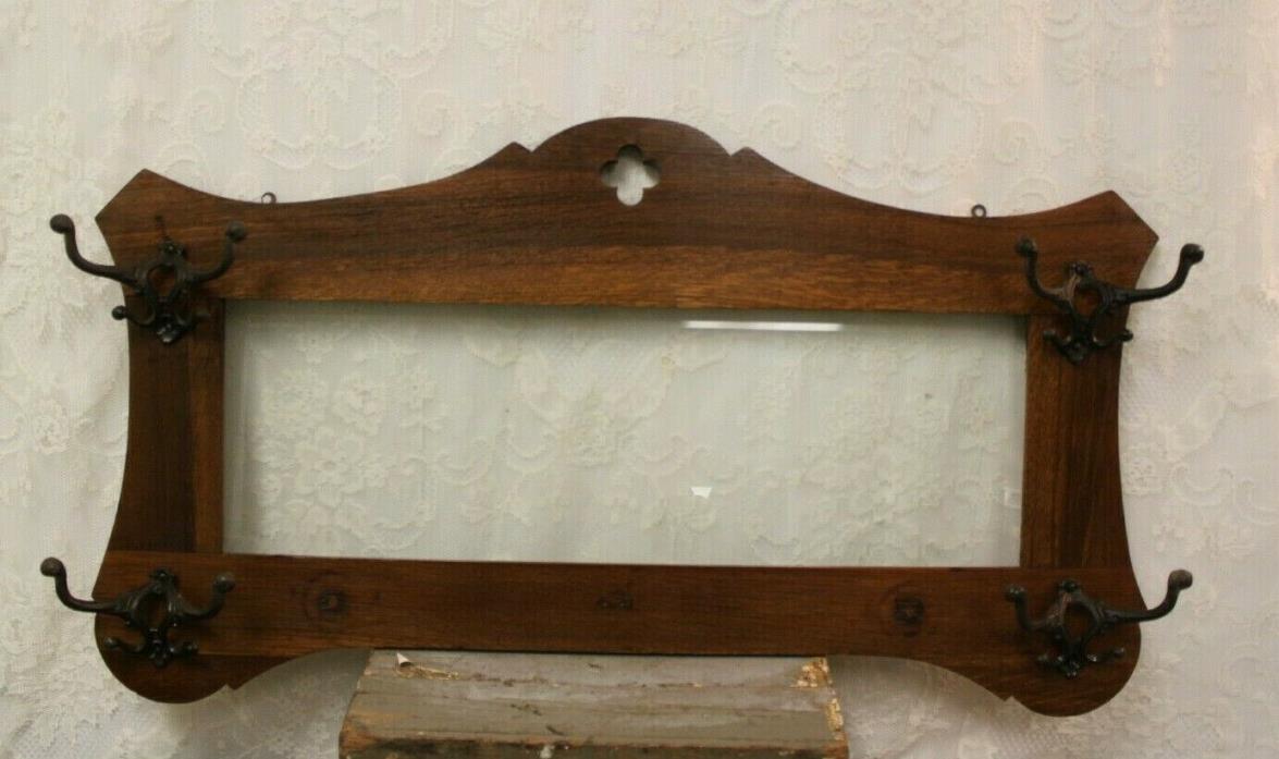BEAUTIFUL LARGE Antique Oak Hall Mirror Frame With 4 Awesome Hooks