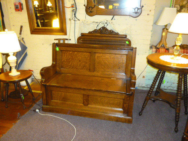 Antique Oak Bench Hall lift seat quarter sawn tiger 1900's refinished