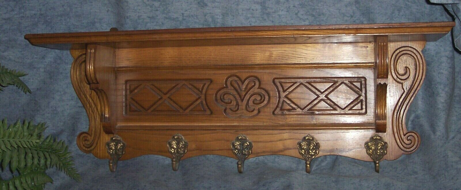 Antique French Carved Kitchen Wall Shelf Copper Coats Pots Hats Clock Farm House