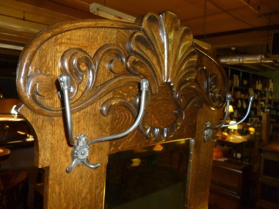 Antique Oak Hall seat Rack 1900's refinished beveled mirror ornate carving coat