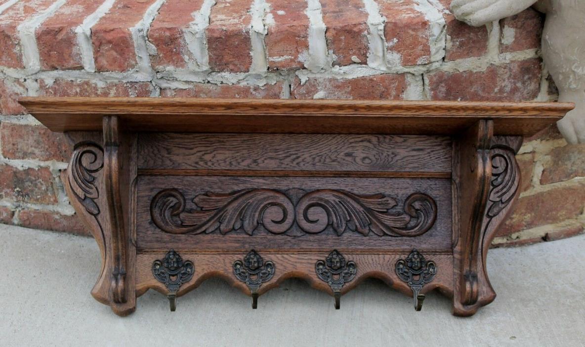 Antique French Country Oak Wall Shelf Copper Pot Hat Coat Rack Hooks Plate Rack