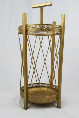 Vintage gold metal drum umbrella stand cane rack drip pan Regency