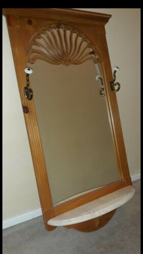 Vintage Wooden Mirrored Hall Tree / Mirror W/ Marble Shelf