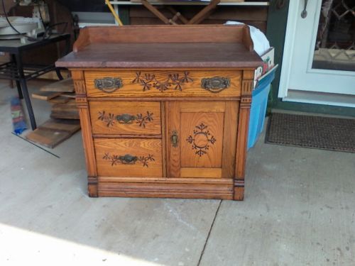 antique oak marble top wash stand Vanity Professionaly Restored Hand Carve Front