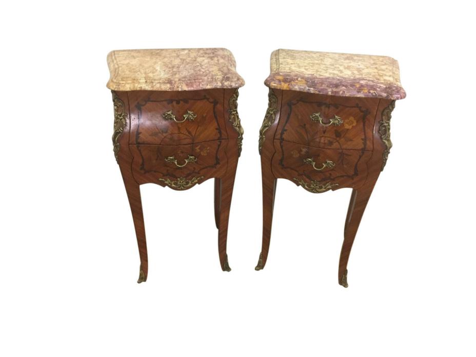 Nice Petite Marble Top Night Stands, Walnut with Inlay, Bronze Accents 1920's