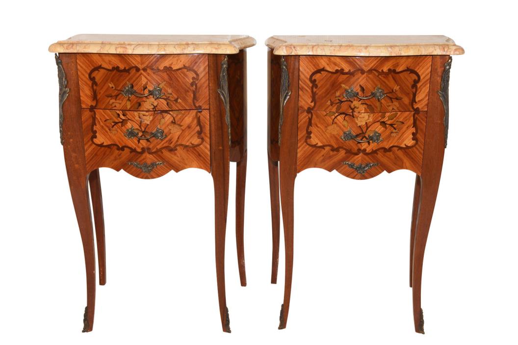 Attractive Petite Pair of French Marble Top Nightstands, 1950's