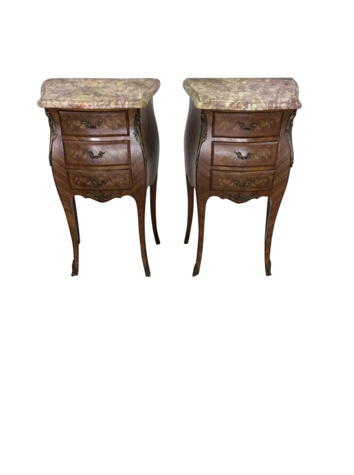 Antique French Nightstands, Marble Top, Walnut with Inlay, 1920-50's