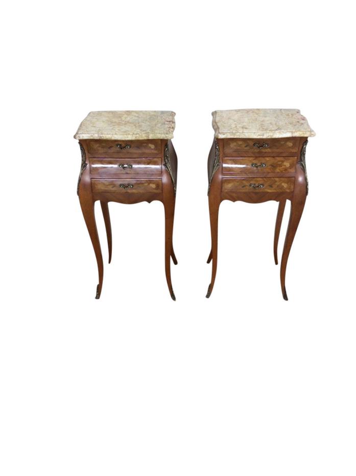 Vintage French Night Stands, Marble Top, Floral Inlay, Bronze Accents
