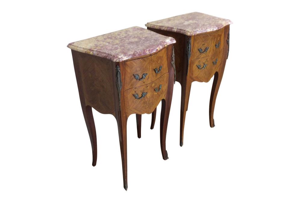Nice Petite Pair Of Marble Top French Nightstands, Two Drawers, 1940-50's
