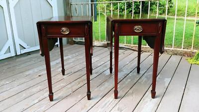 Antique Pair STIEHL Solid Mahogany Federal Drop Leaf Pembroke Tables w/ Drawer