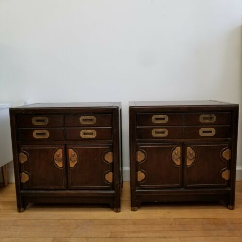 Pair Mid Century Hickory Manufacturing Asian Campaign Nightstands Night Chests
