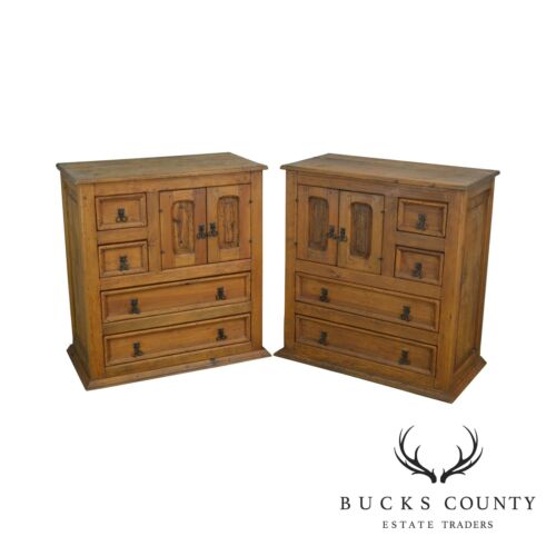 Rustic Mexican Pine Pair Tall Bed Side Chests Nightstands