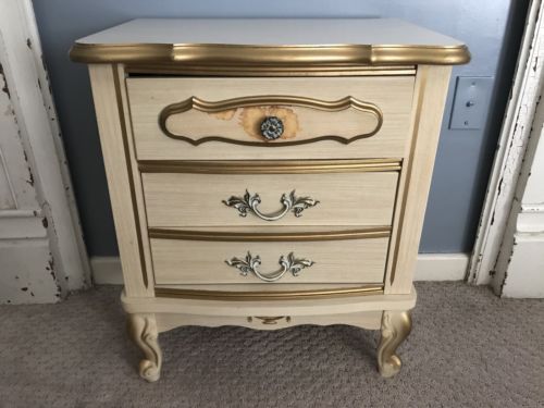 Vintage French Provincial Nightstand Yellow/Gold 2 Drawer Formica Top Very Clean
