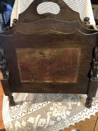 Vintage antique solid 1940's BUTLER MAHOGANY wood  magazine Rack stand Fox Hunt