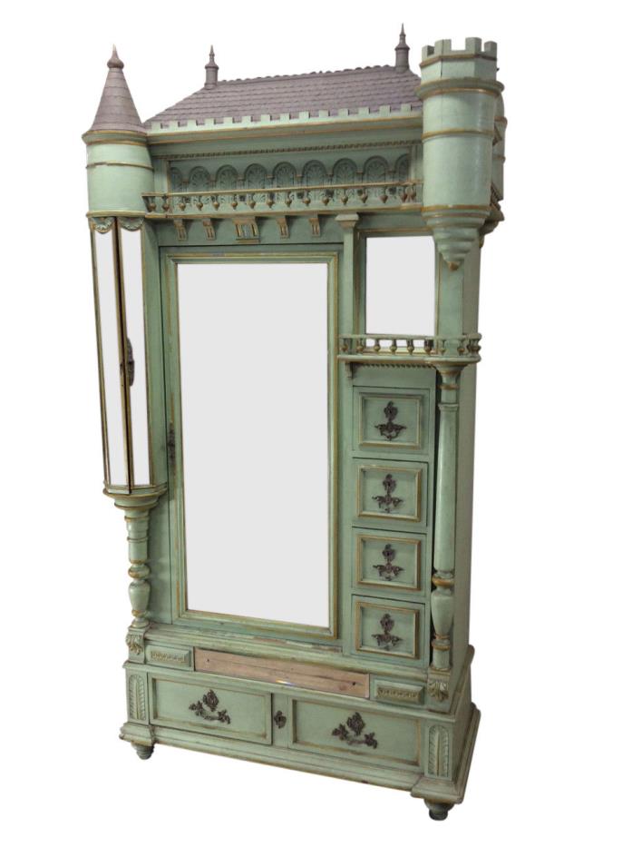 Rare Antique Painted French Cabinet, Castle Design, Whimsical, Turn of Century