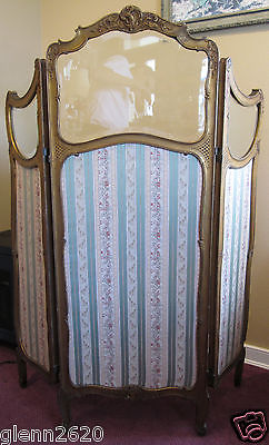 Antique French 3 Panel Folding Screen Privacy Changing Gilt Fabric Beveled Glass