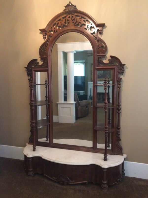 Victorian Pier Mirror Etagere with Marble Base Antique Rococo Hall Petticoat