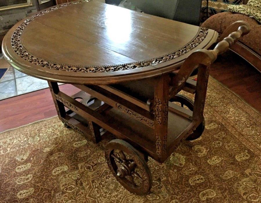 Vintage Wood Hand Carved Serving Tea Cart