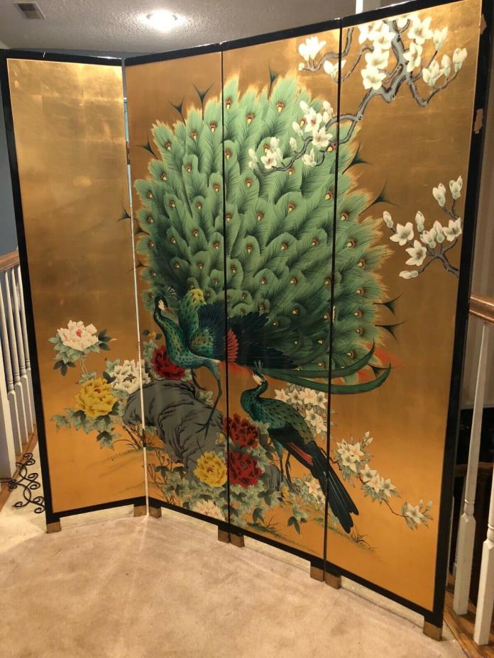 Antique Asian 4 panel room divider 64” wide x 72” tall peacocks & cherry blossom