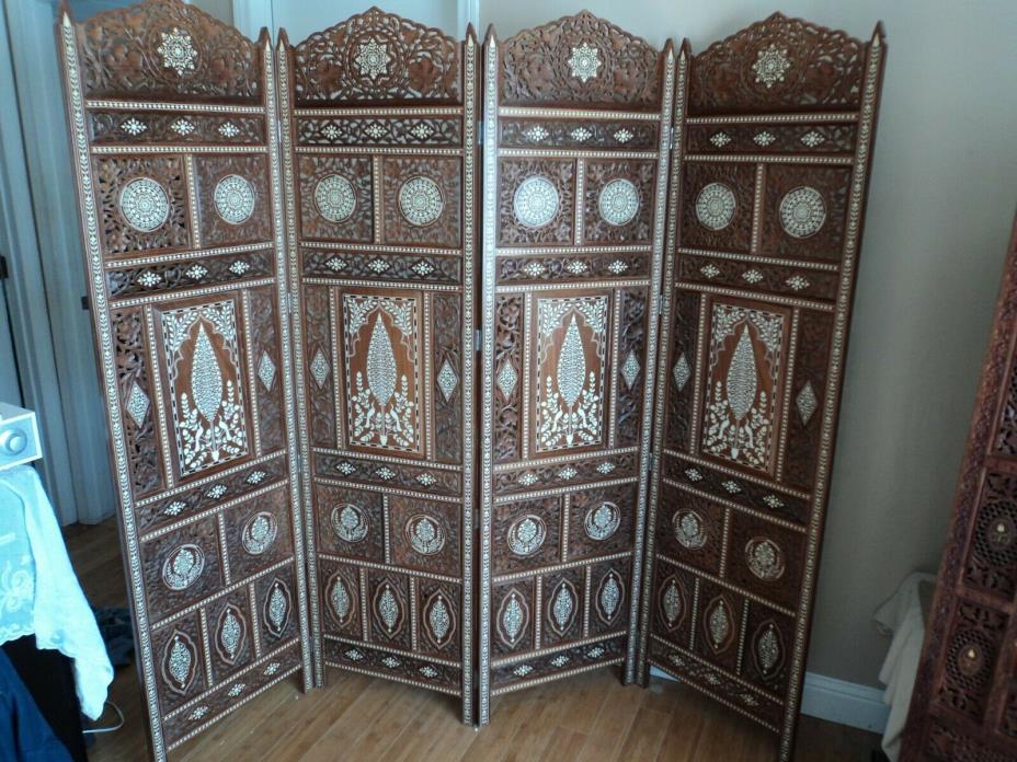 Vintage Hand Carved Wood Screen With Bone Inlay From India Circa 1969