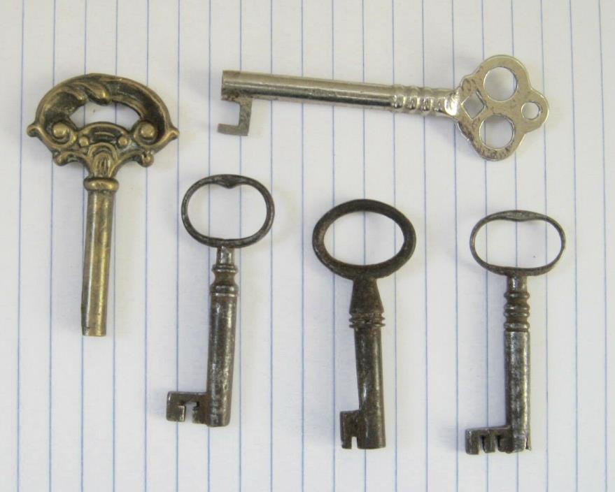 Lot five 5 antique keys for old locks, box, cabinet, all have hollow opening