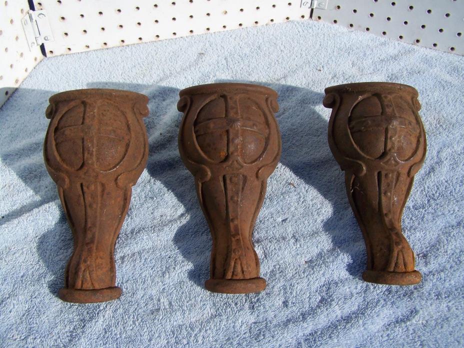 Antique Cast Iron Stove Legs Set of 3 Embossed Cross