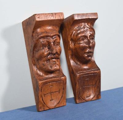 *Pair of French Vintage Carved Oak Wood Heads Corbels Salvage Trim