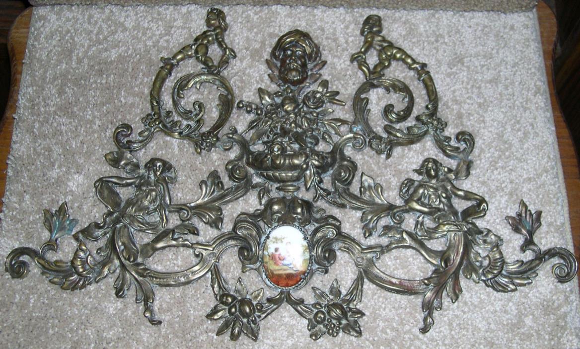 Large Brass Bronze France Ormolu Genie Arabian Dancers Porcelain Medallion