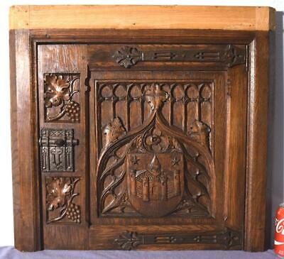 Vintage French Gothic Cabinet Door and Frame in Oak Wood