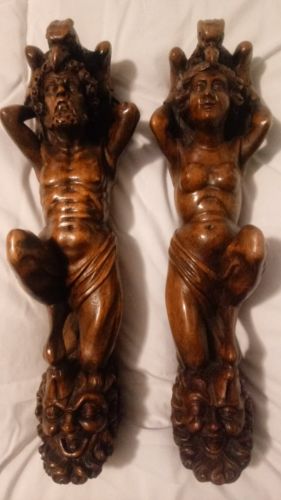 SALE!! PAIR of Antique Faun Satyr Pan 19th Century Salvage Carving Art Statue