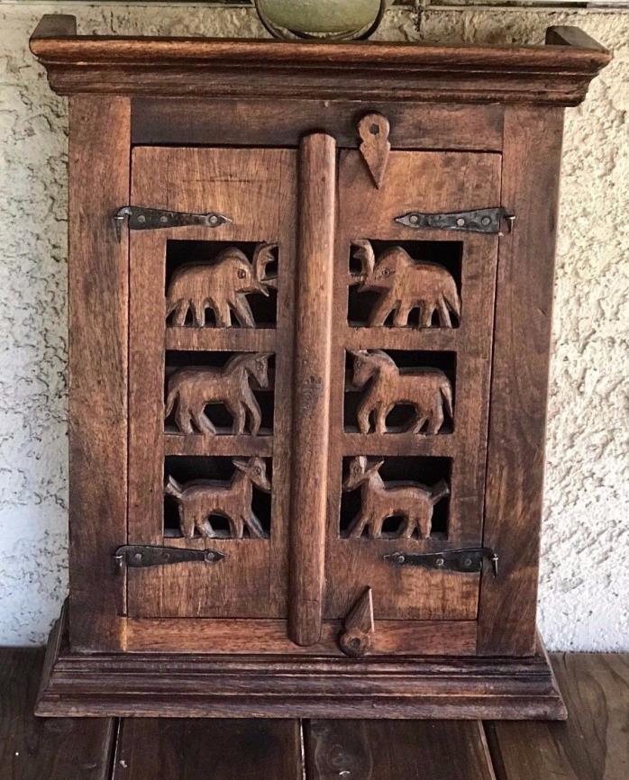 ANTIQUE WOOD CABINET HAND CARVED ANIMAL PANELS RARE